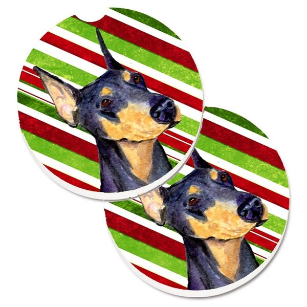 Carolines Treasures Doberman Candy Cane Holiday Christmas Set of 2 Cup Holder Car Coaster SS4564CARC - main